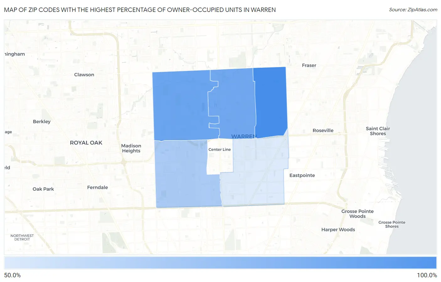 Zip Codes with the Highest Percentage of Owner-Occupied Units in Warren Map