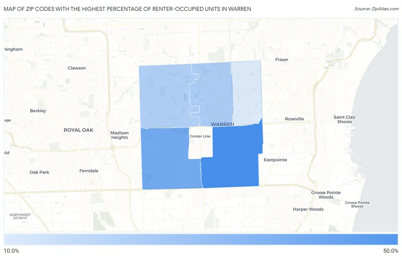 Zip Codes with the Highest Percentage of Renter-Occupied Units in Warren Map