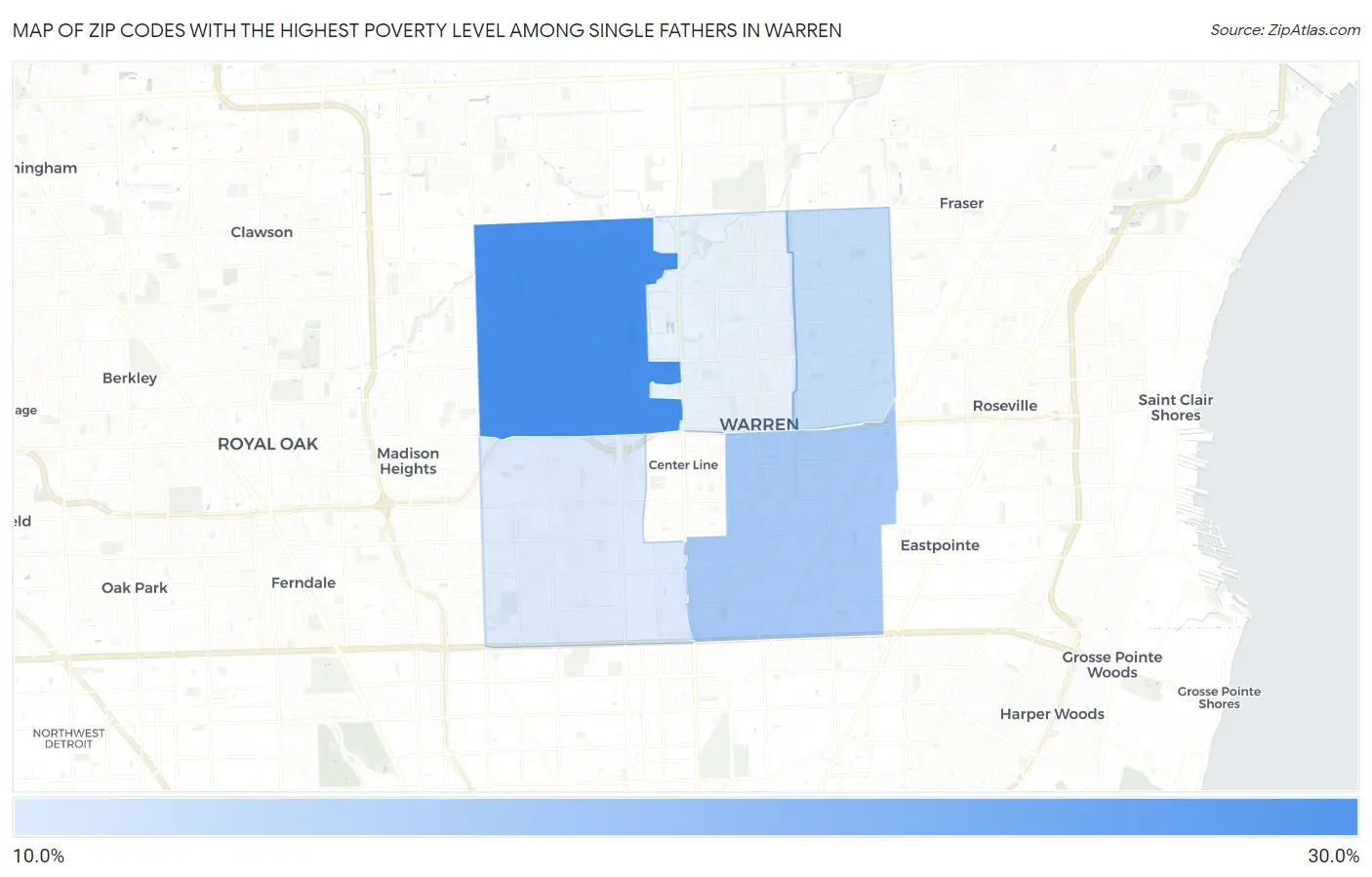 Zip Codes with the Highest Poverty Level Among Single Fathers in Warren Map