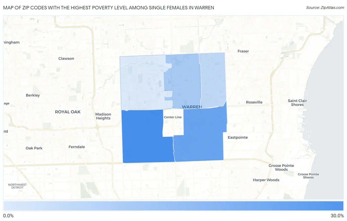 Zip Codes with the Highest Poverty Level Among Single Females in Warren Map