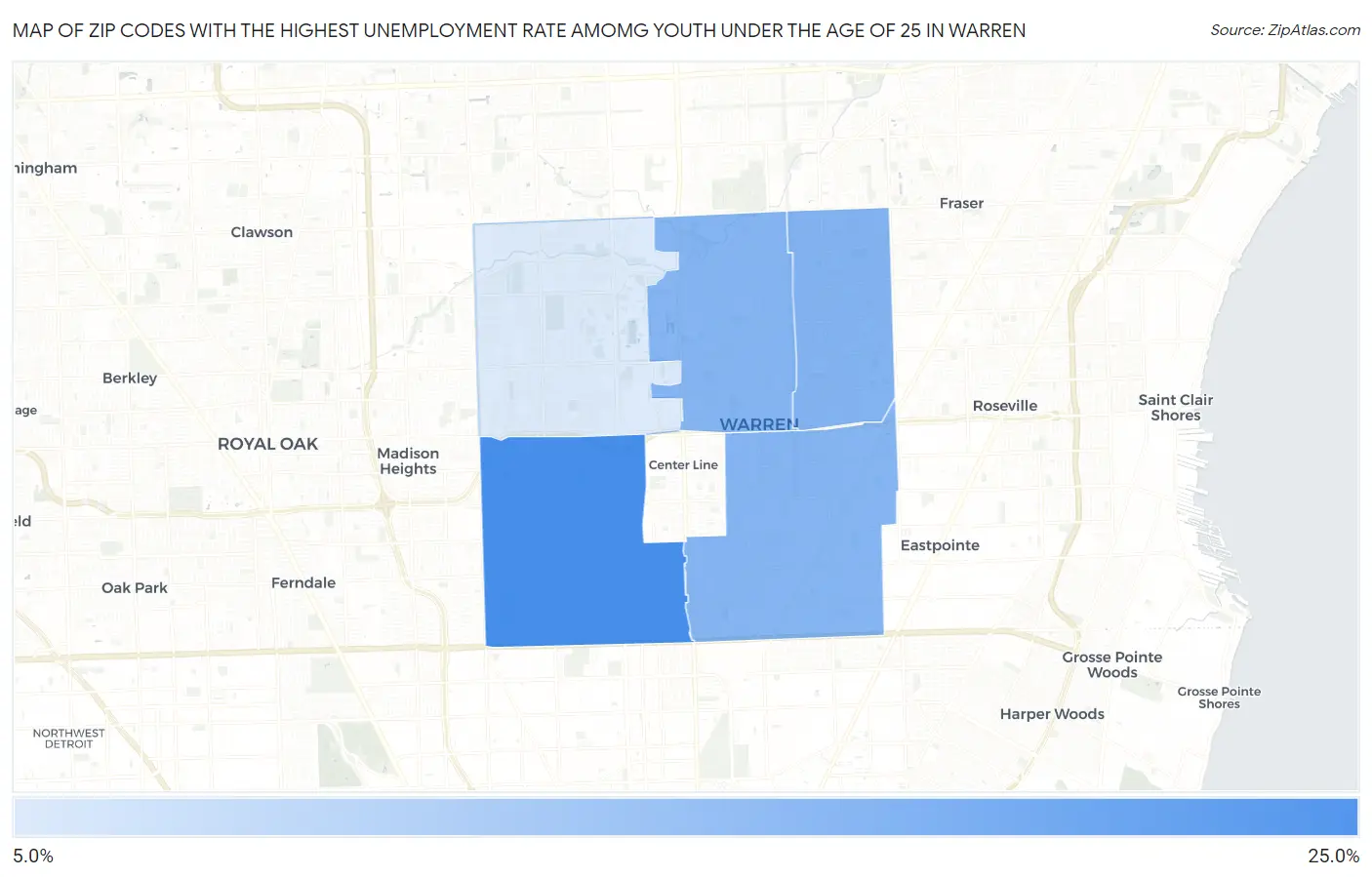 Zip Codes with the Highest Unemployment Rate Amomg Youth Under the Age of 25 in Warren Map