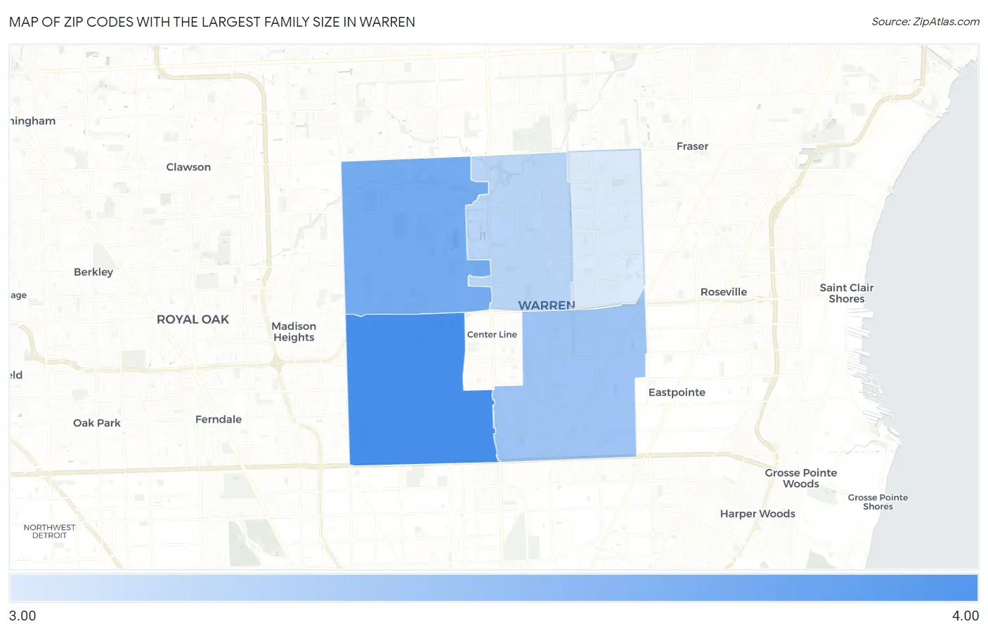 Zip Codes with the Largest Family Size in Warren Map