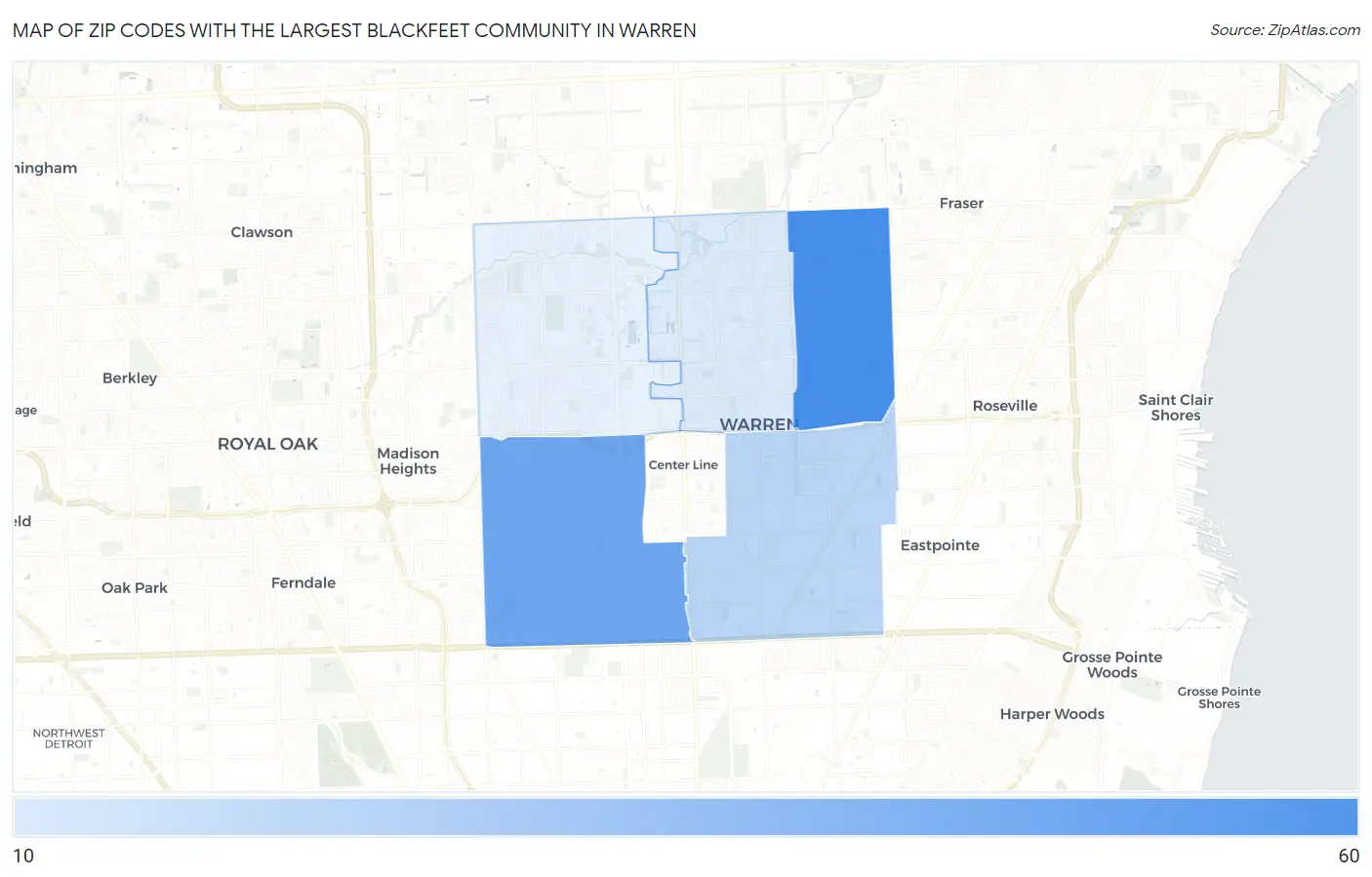 Zip Codes with the Largest Blackfeet Community in Warren Map