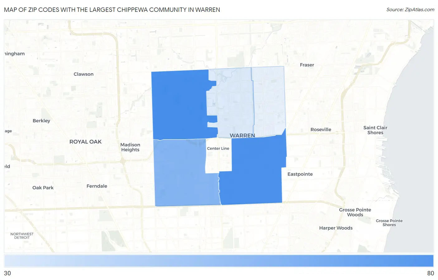 Zip Codes with the Largest Chippewa Community in Warren Map