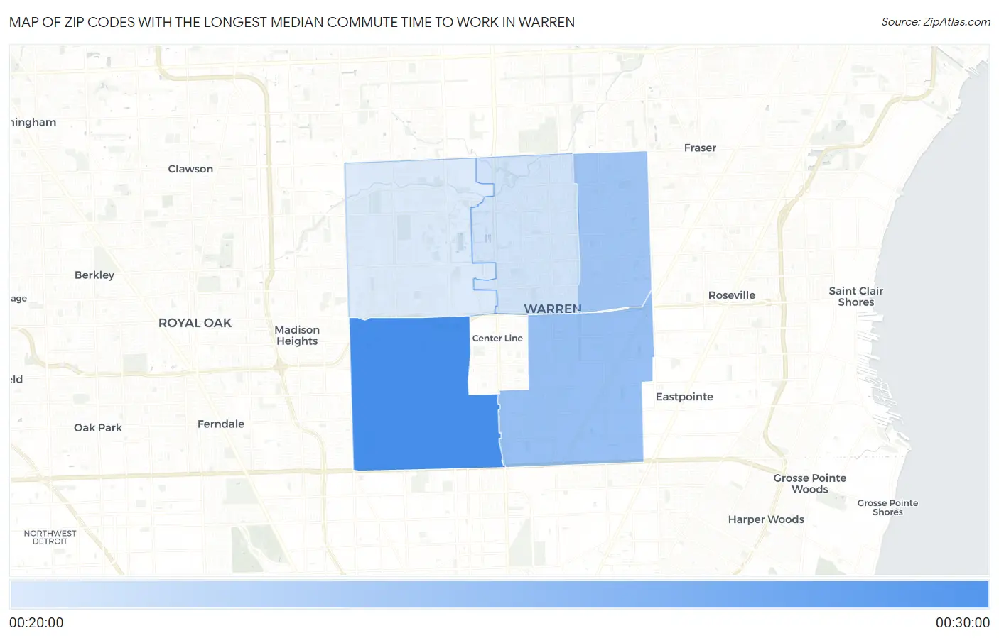 Zip Codes with the Longest Median Commute Time to Work in Warren Map