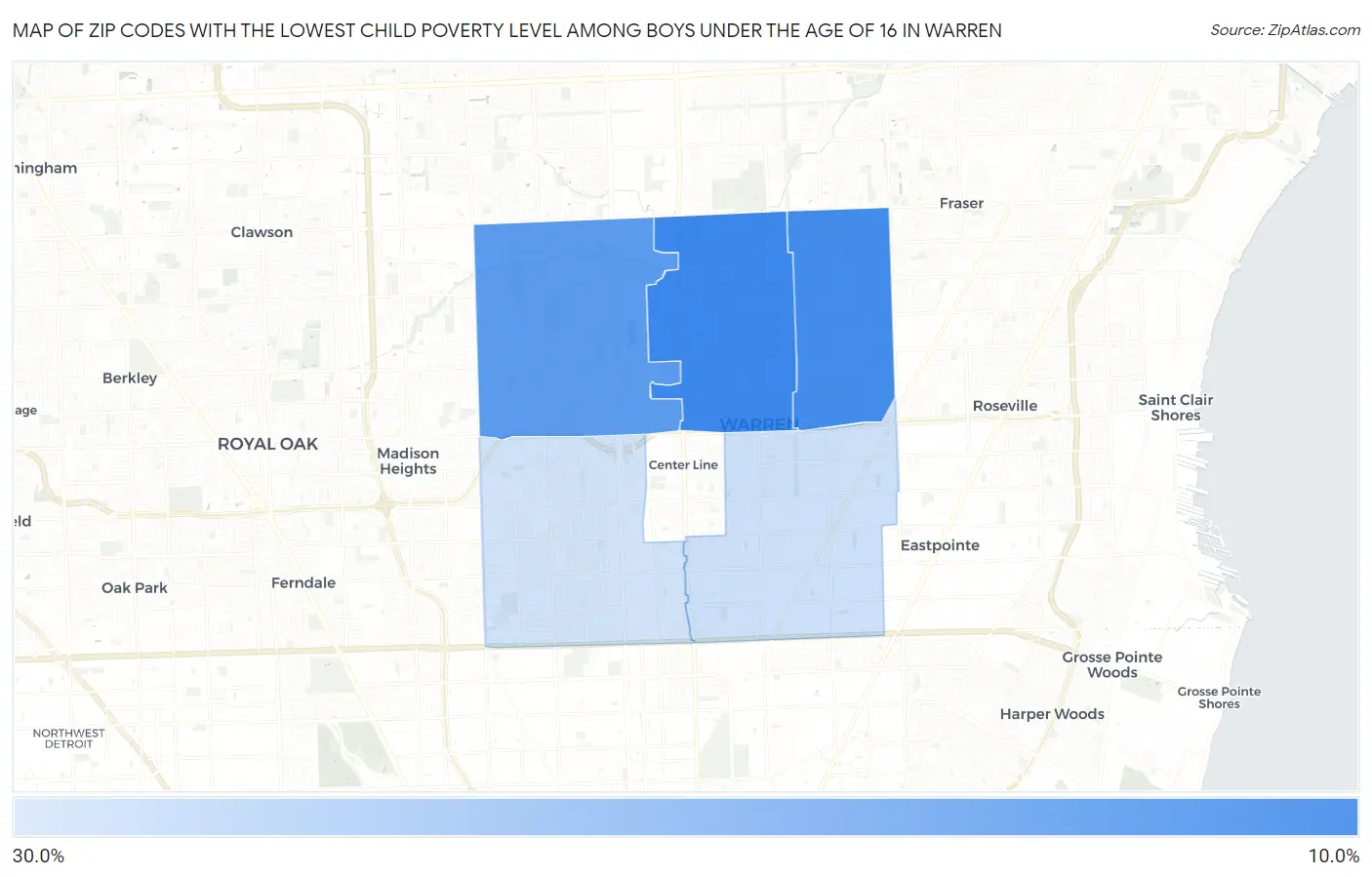 Zip Codes with the Lowest Child Poverty Level Among Boys Under the Age of 16 in Warren Map