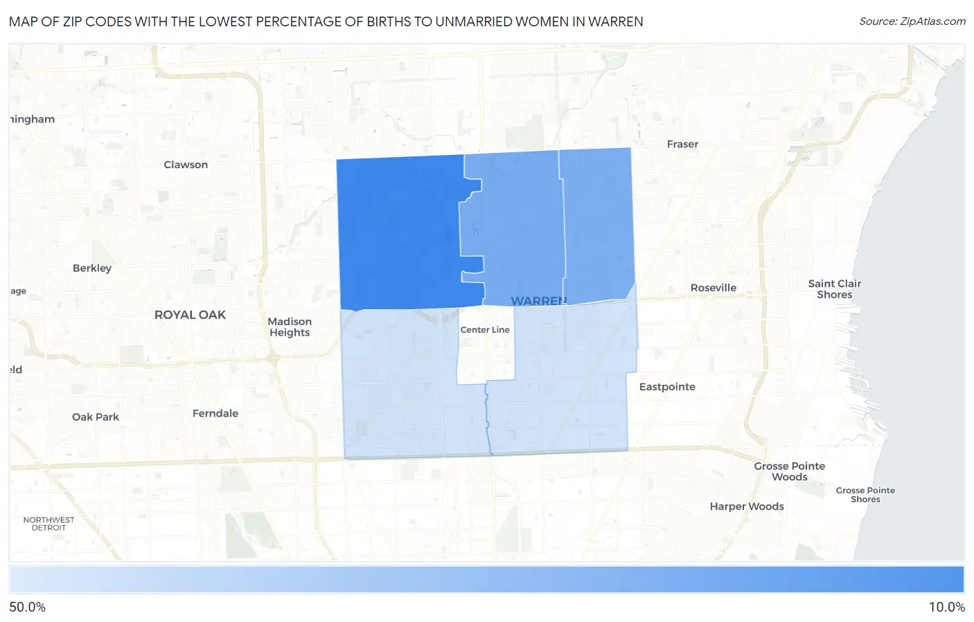 Zip Codes with the Lowest Percentage of Births to Unmarried Women in Warren Map