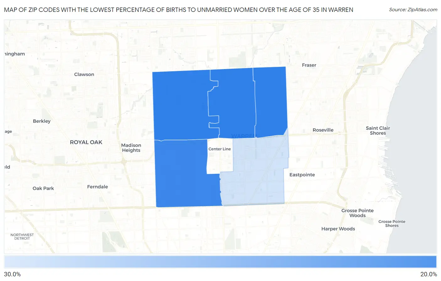 Zip Codes with the Lowest Percentage of Births to Unmarried Women over the Age of 35 in Warren Map