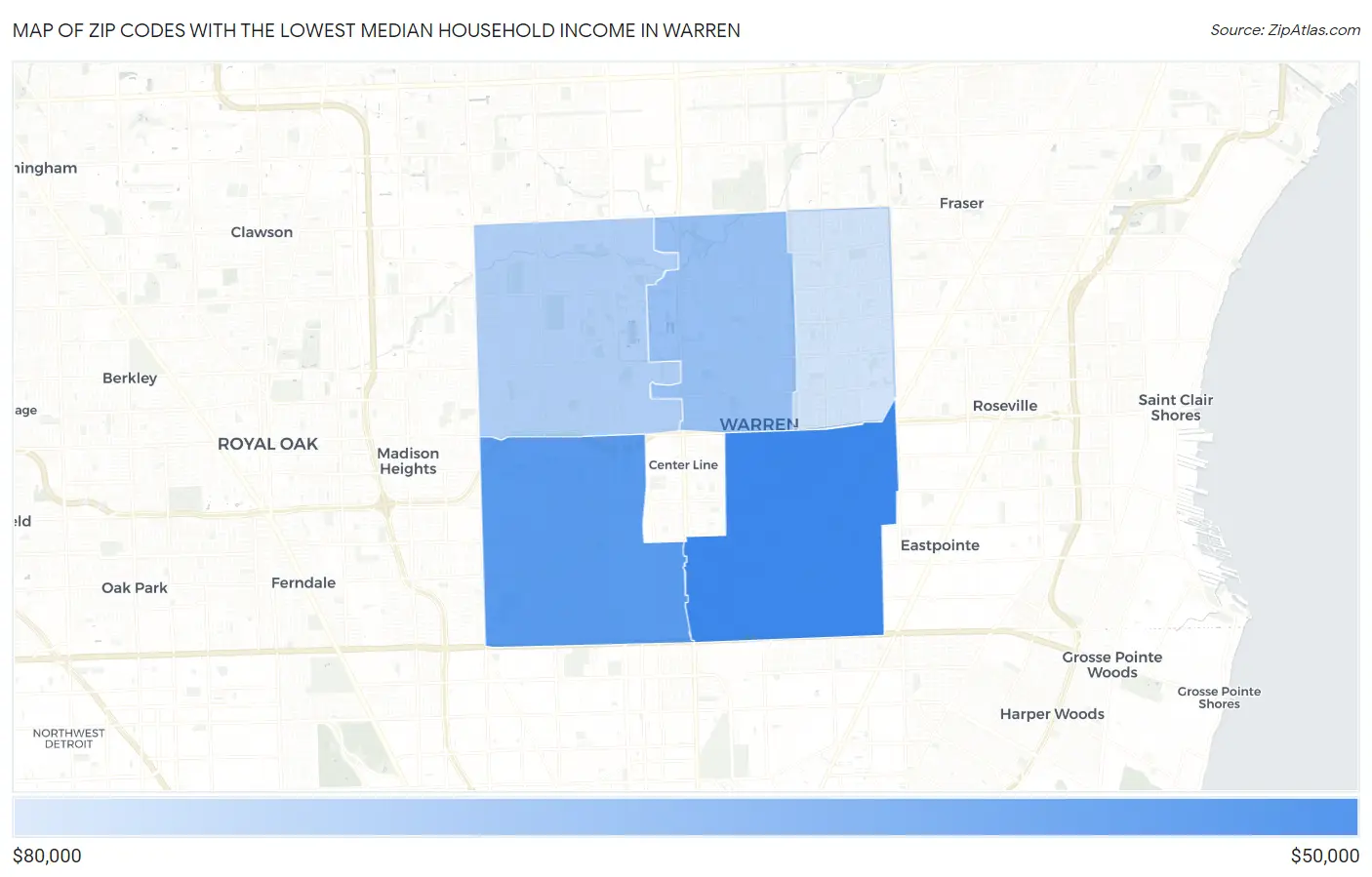Zip Codes with the Lowest Median Household Income in Warren Map