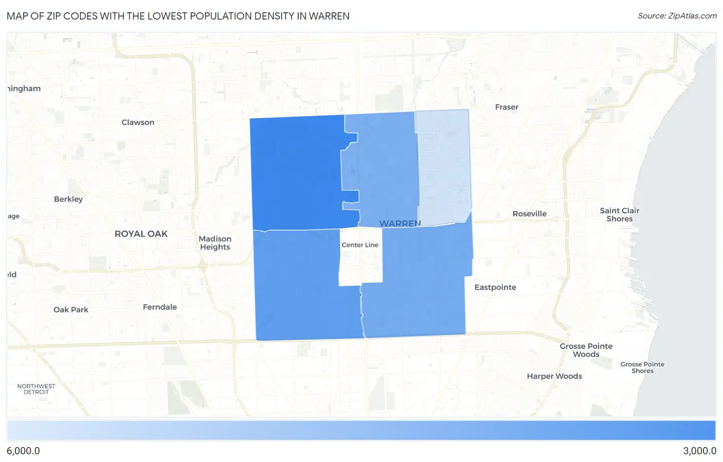 Zip Codes with the Lowest Population Density in Warren Map