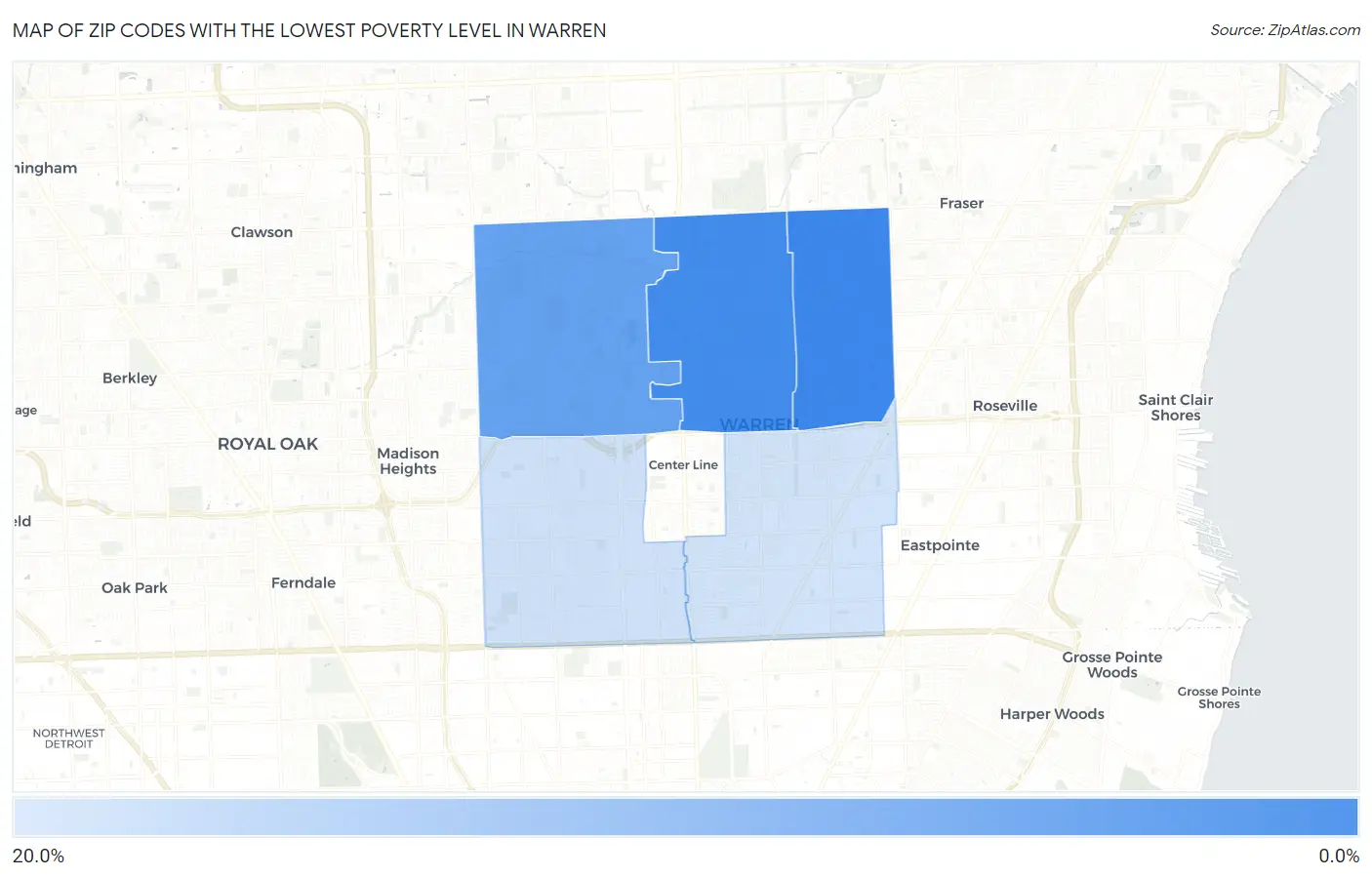 Zip Codes with the Lowest Poverty Level in Warren Map