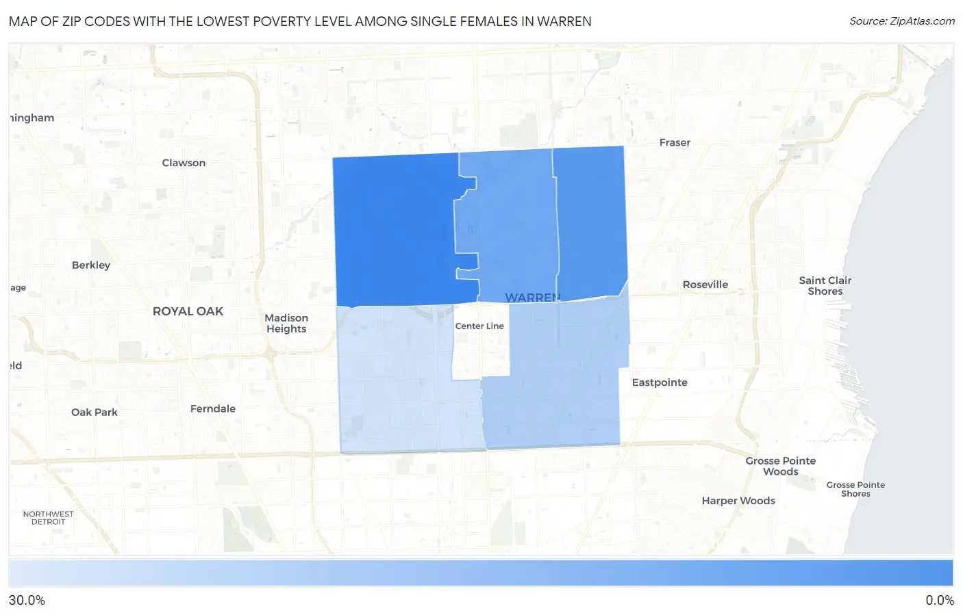 Zip Codes with the Lowest Poverty Level Among Single Females in Warren Map