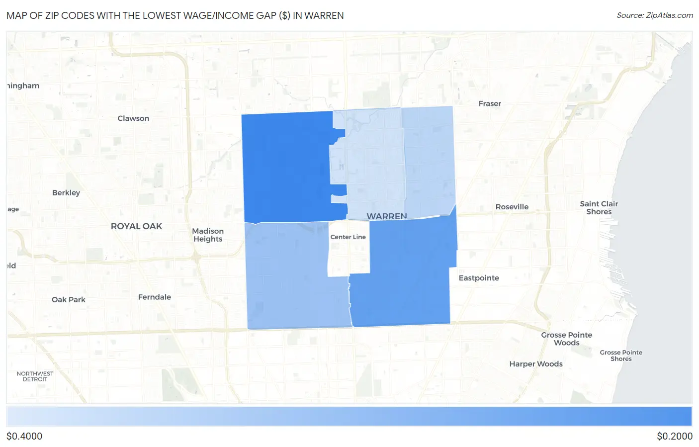 Zip Codes with the Lowest Wage/Income Gap ($) in Warren Map