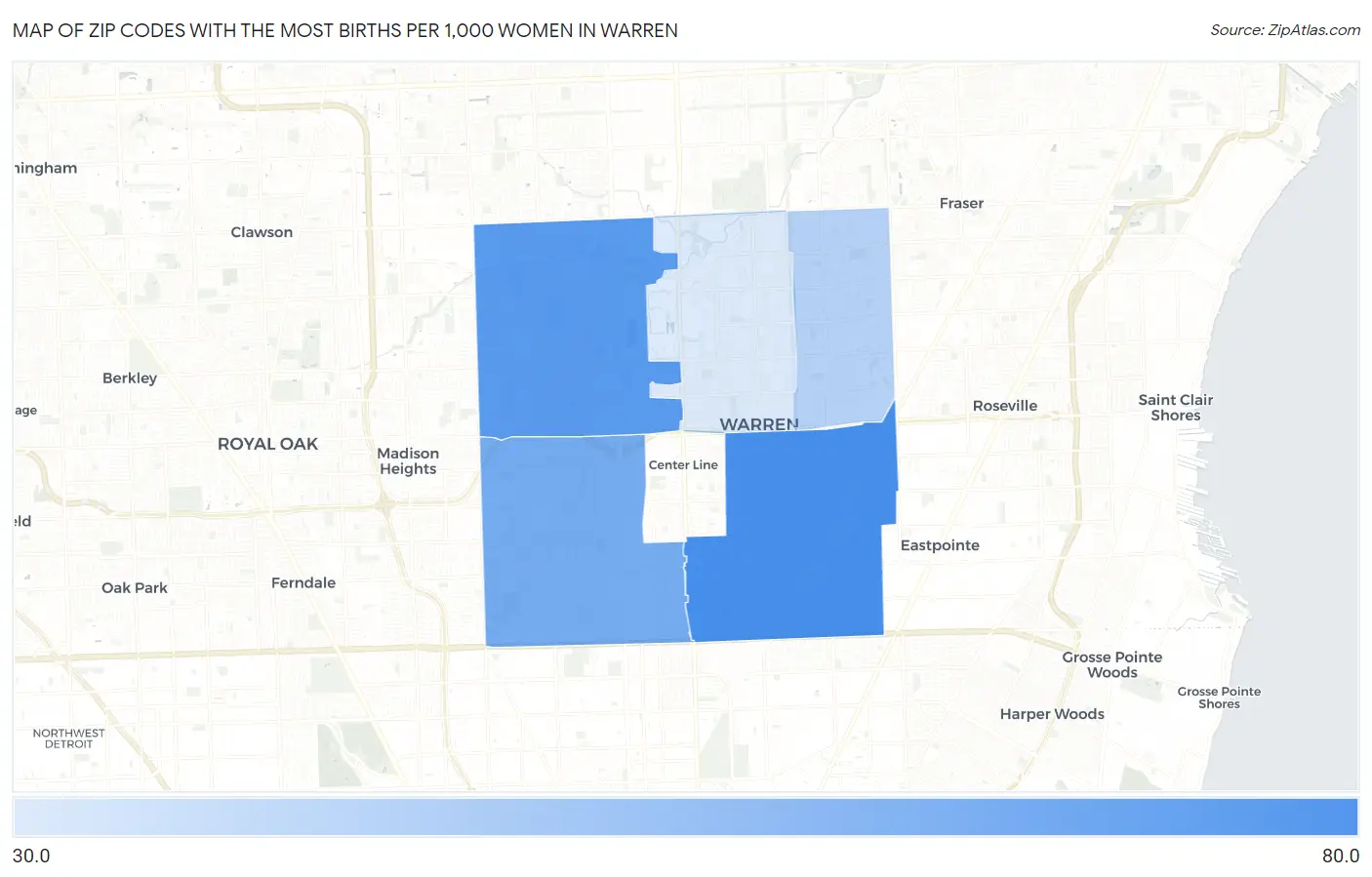 Zip Codes with the Most Births per 1,000 Women in Warren Map