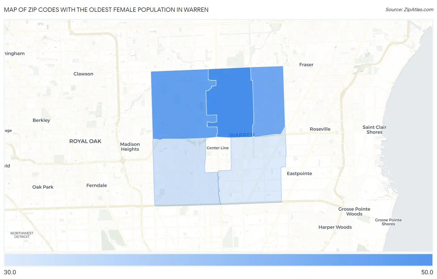 Zip Codes with the Oldest Female Population in Warren Map