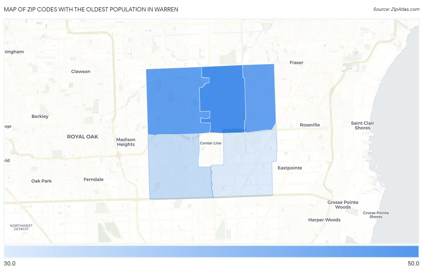 Zip Codes with the Oldest Population in Warren Map