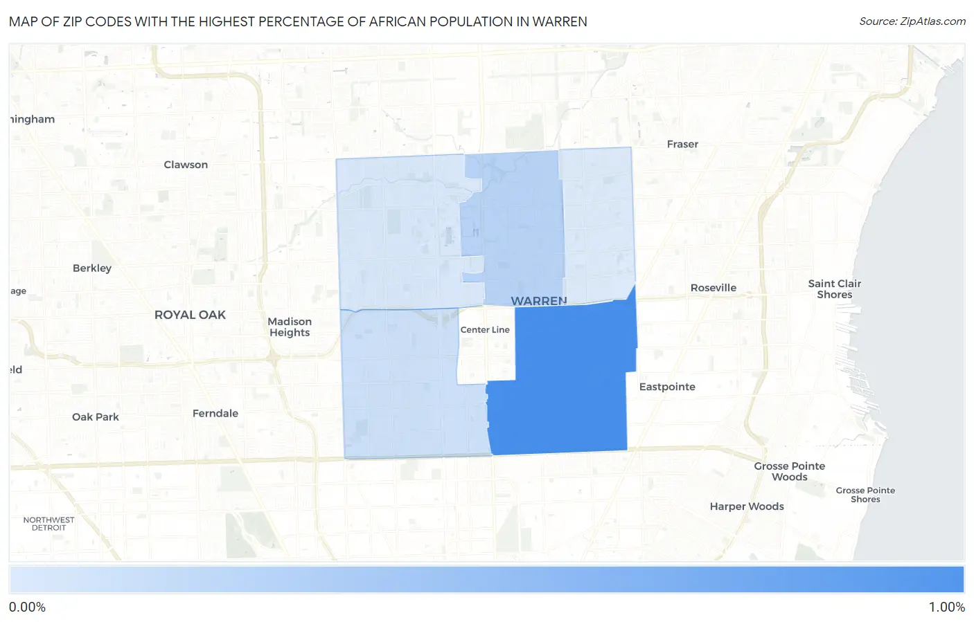 Zip Codes with the Highest Percentage of African Population in Warren Map