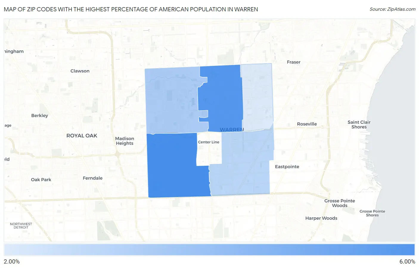 Zip Codes with the Highest Percentage of American Population in Warren Map