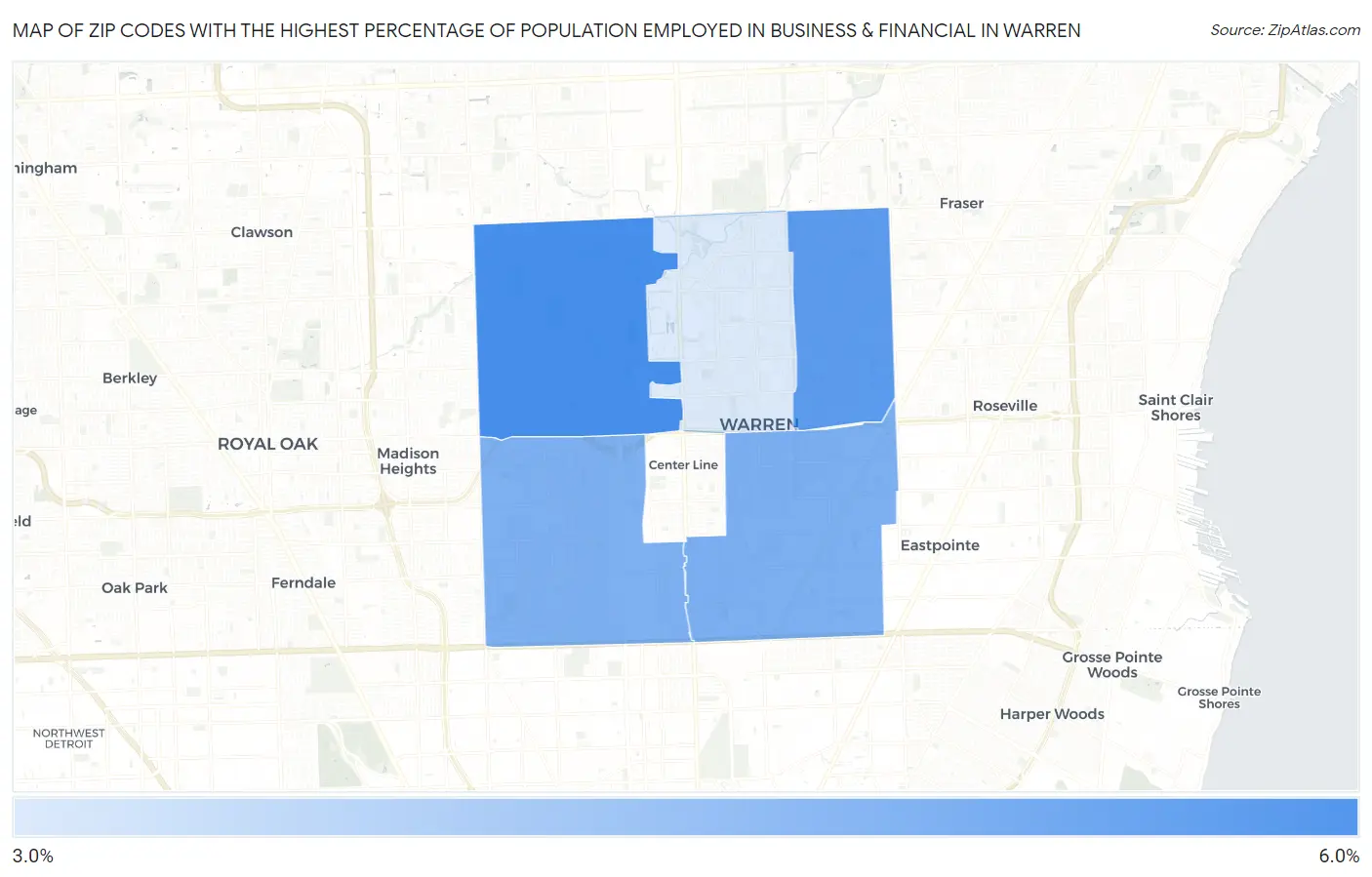 Zip Codes with the Highest Percentage of Population Employed in Business & Financial in Warren Map