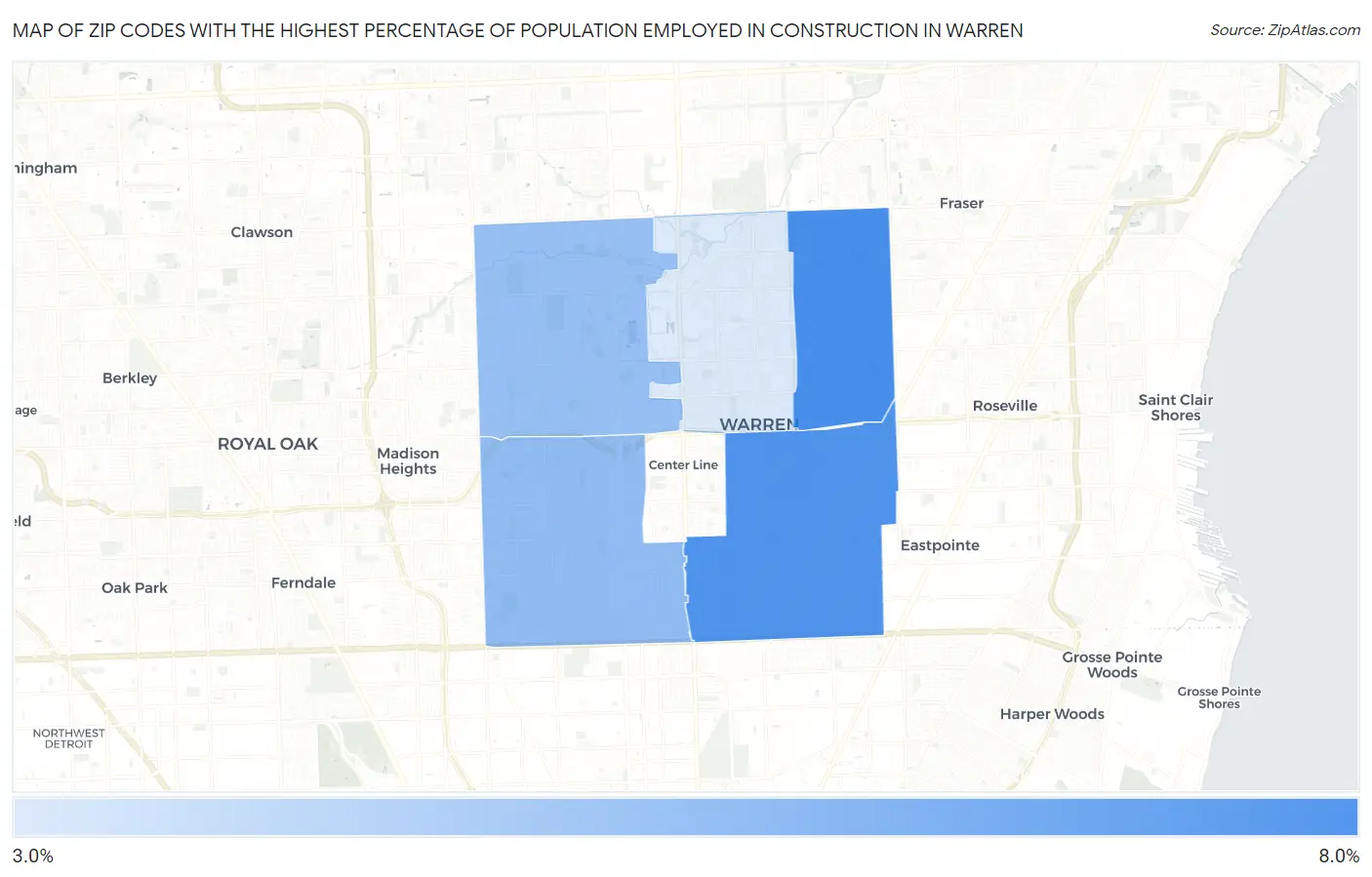 Zip Codes with the Highest Percentage of Population Employed in Construction in Warren Map
