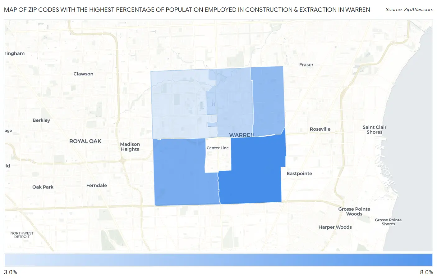 Zip Codes with the Highest Percentage of Population Employed in Construction & Extraction in Warren Map
