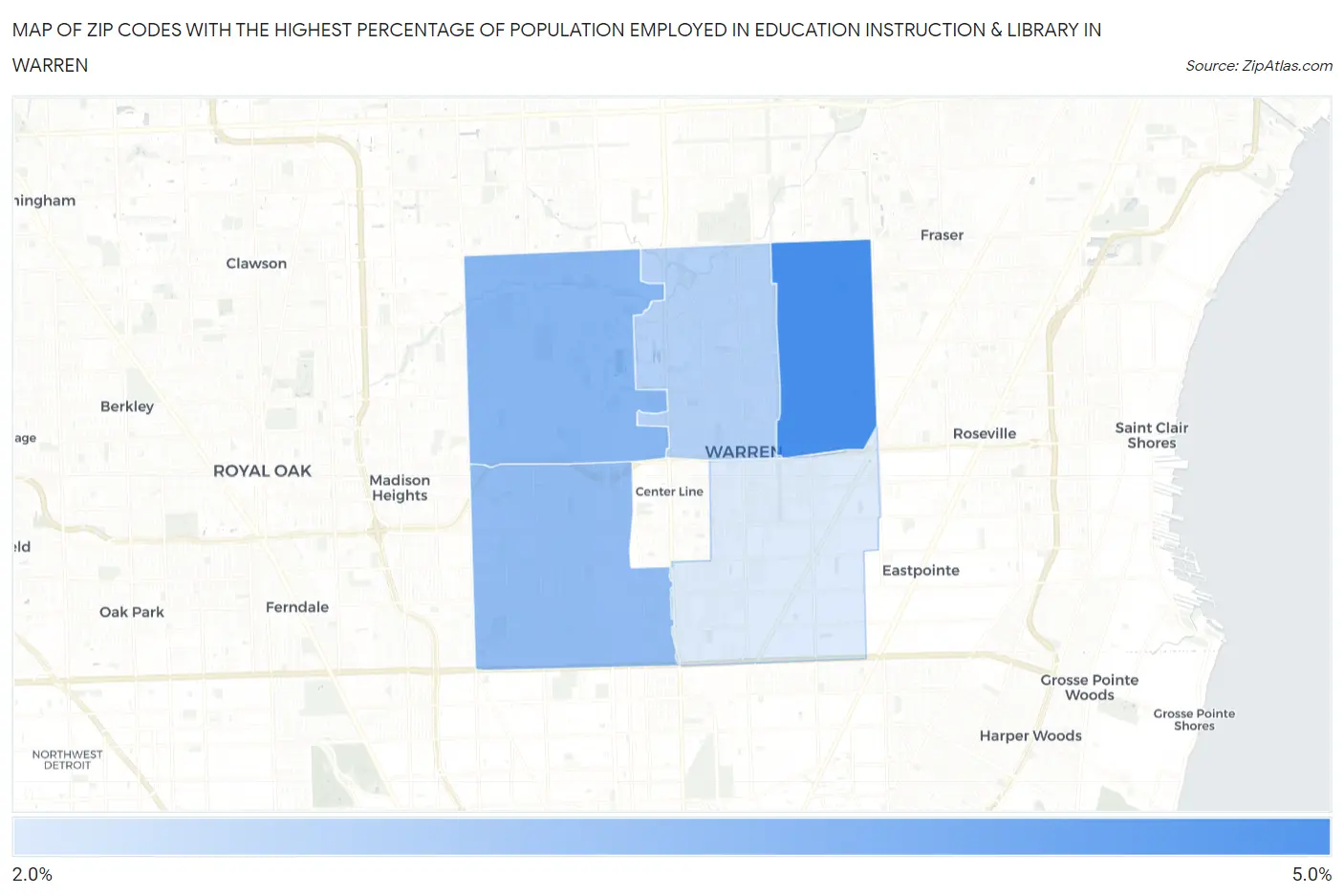 Zip Codes with the Highest Percentage of Population Employed in Education Instruction & Library in Warren Map