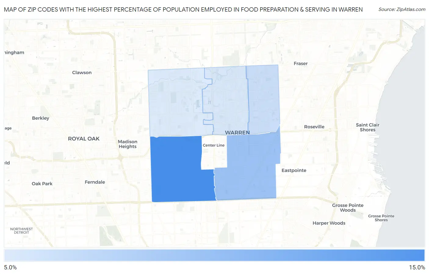 Zip Codes with the Highest Percentage of Population Employed in Food Preparation & Serving in Warren Map