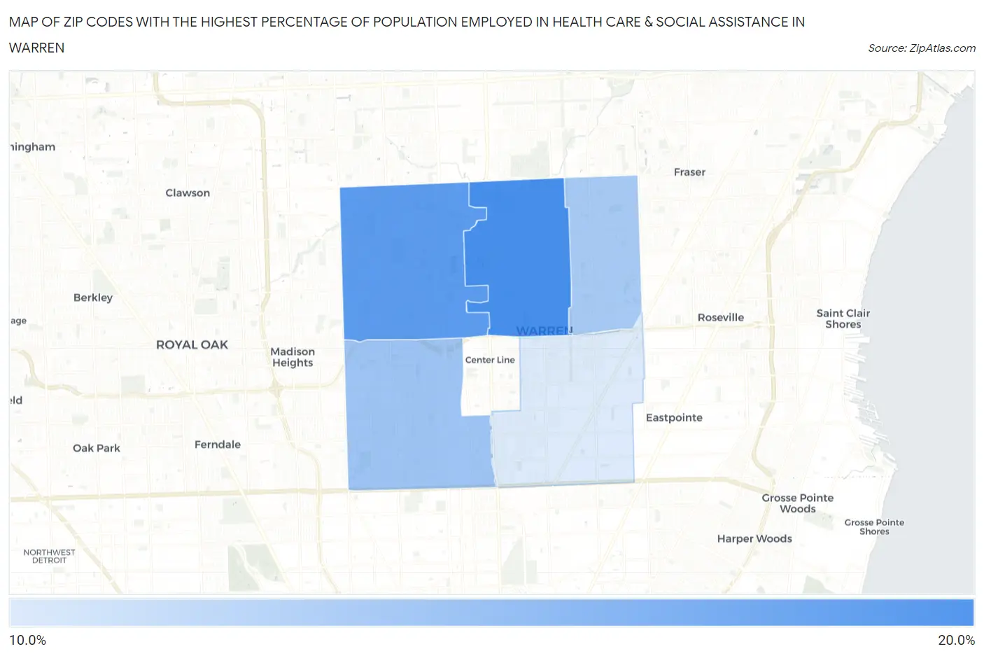 Zip Codes with the Highest Percentage of Population Employed in Health Care & Social Assistance in Warren Map