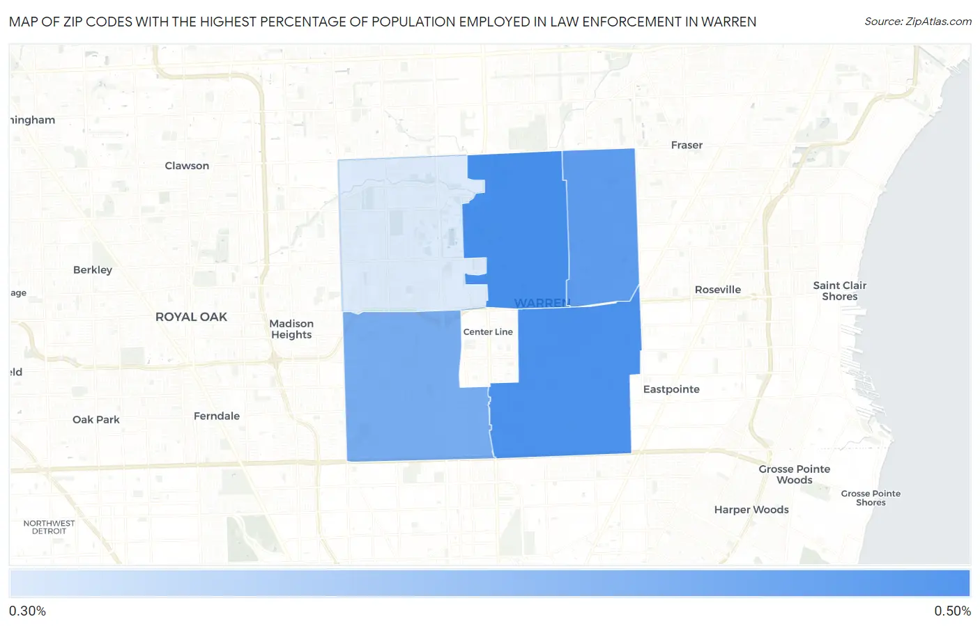 Zip Codes with the Highest Percentage of Population Employed in Law Enforcement in Warren Map