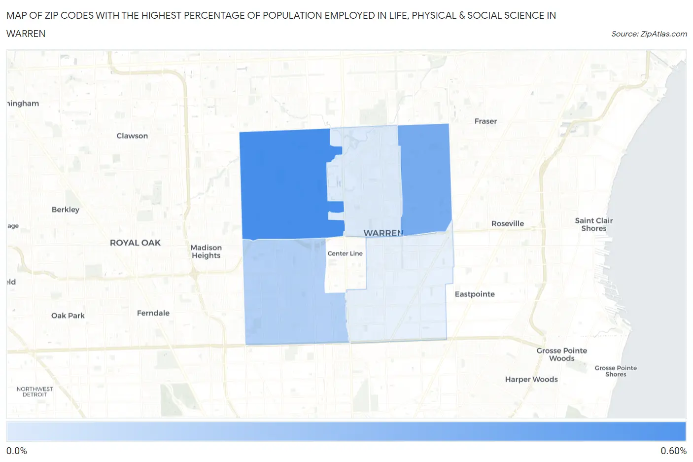 Zip Codes with the Highest Percentage of Population Employed in Life, Physical & Social Science in Warren Map