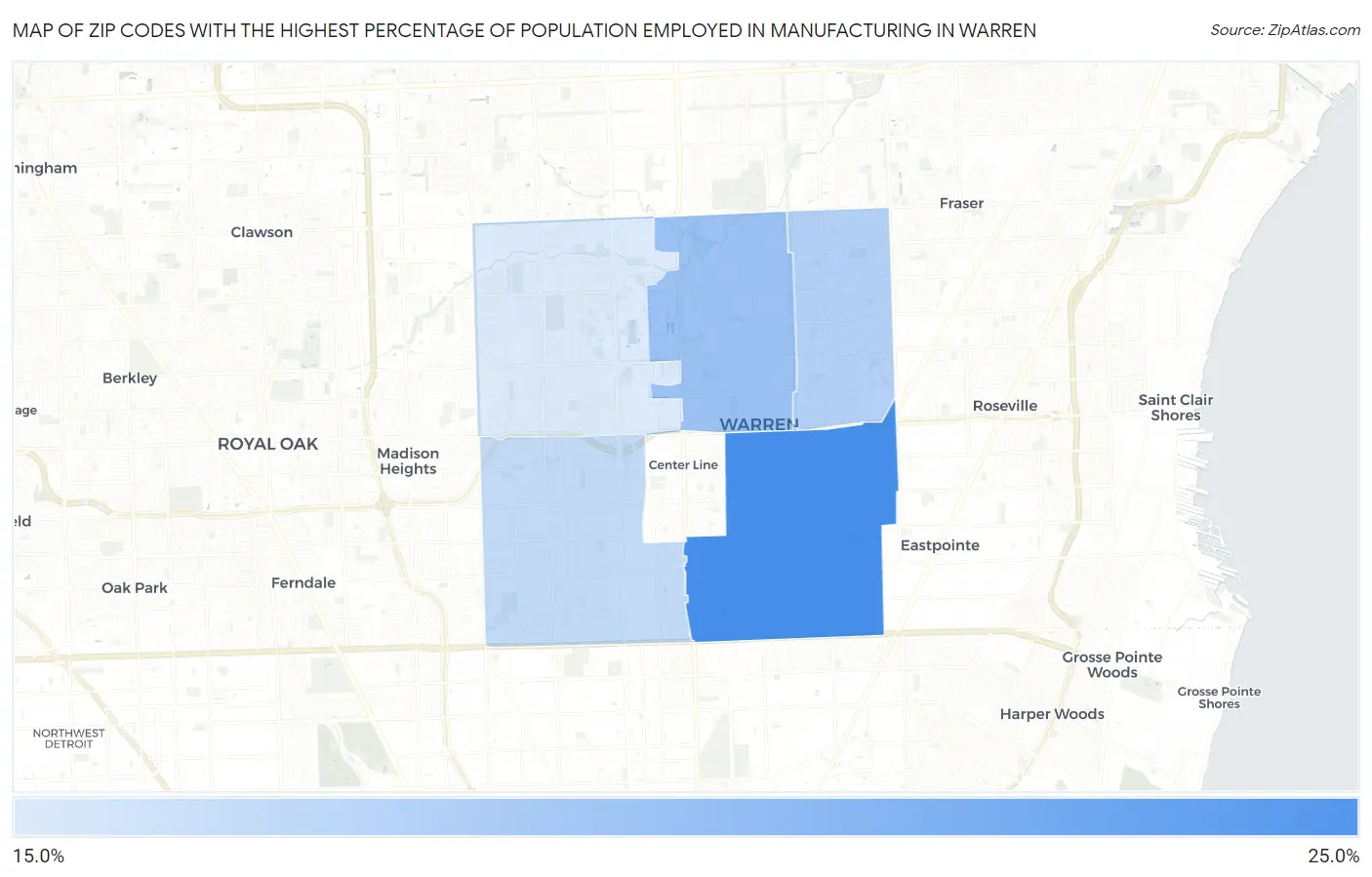 Zip Codes with the Highest Percentage of Population Employed in Manufacturing in Warren Map