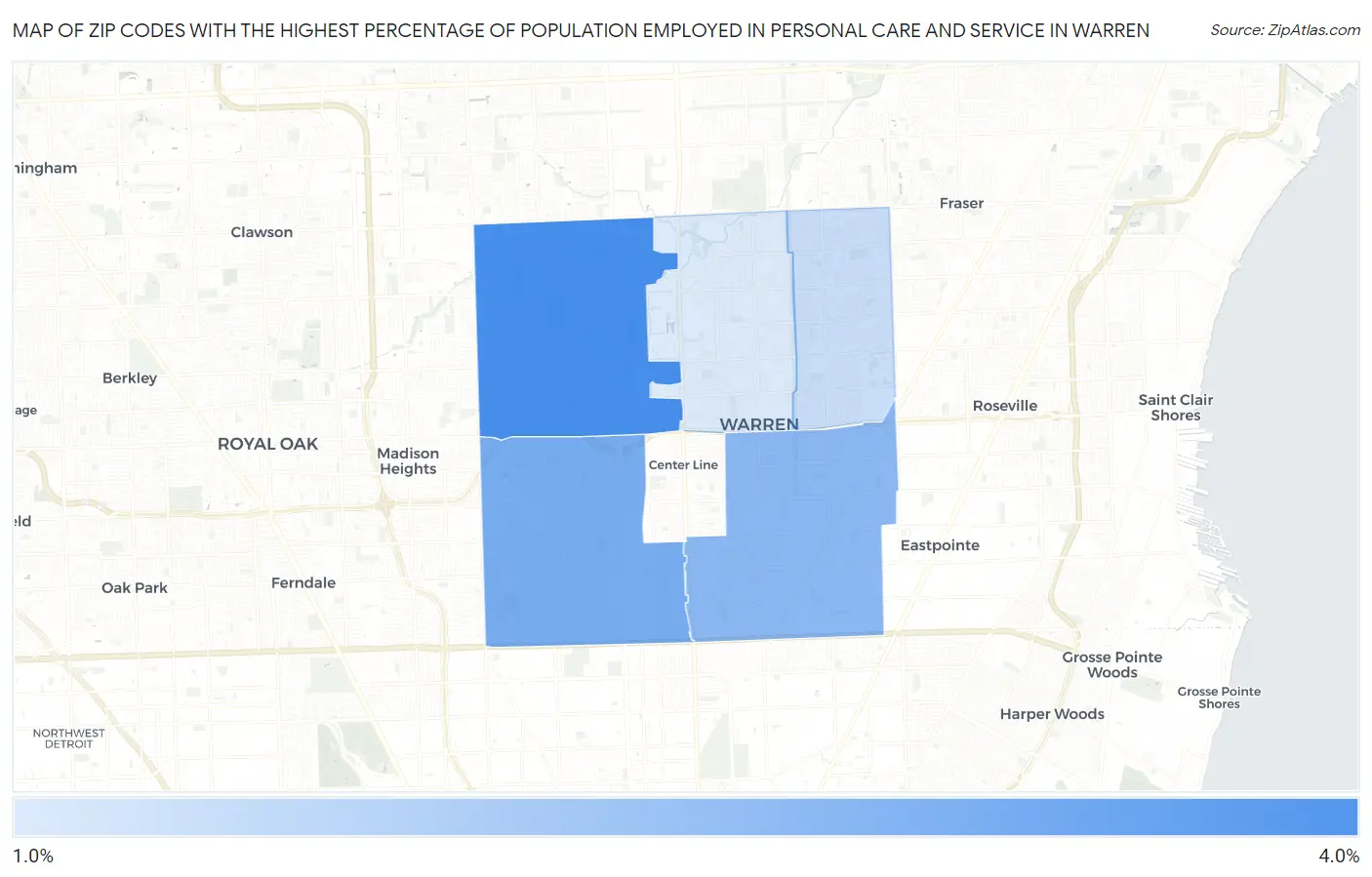 Zip Codes with the Highest Percentage of Population Employed in Personal Care and Service in Warren Map