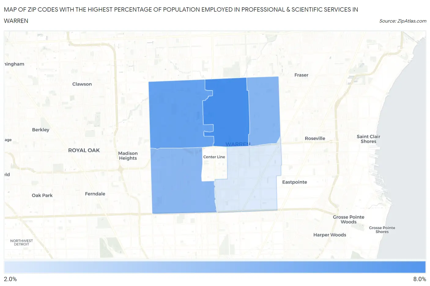 Zip Codes with the Highest Percentage of Population Employed in Professional & Scientific Services in Warren Map