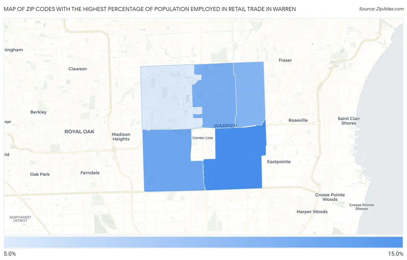 Zip Codes with the Highest Percentage of Population Employed in Retail Trade in Warren Map