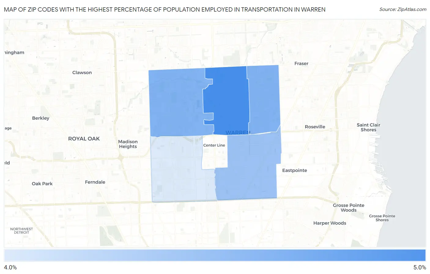 Zip Codes with the Highest Percentage of Population Employed in Transportation in Warren Map
