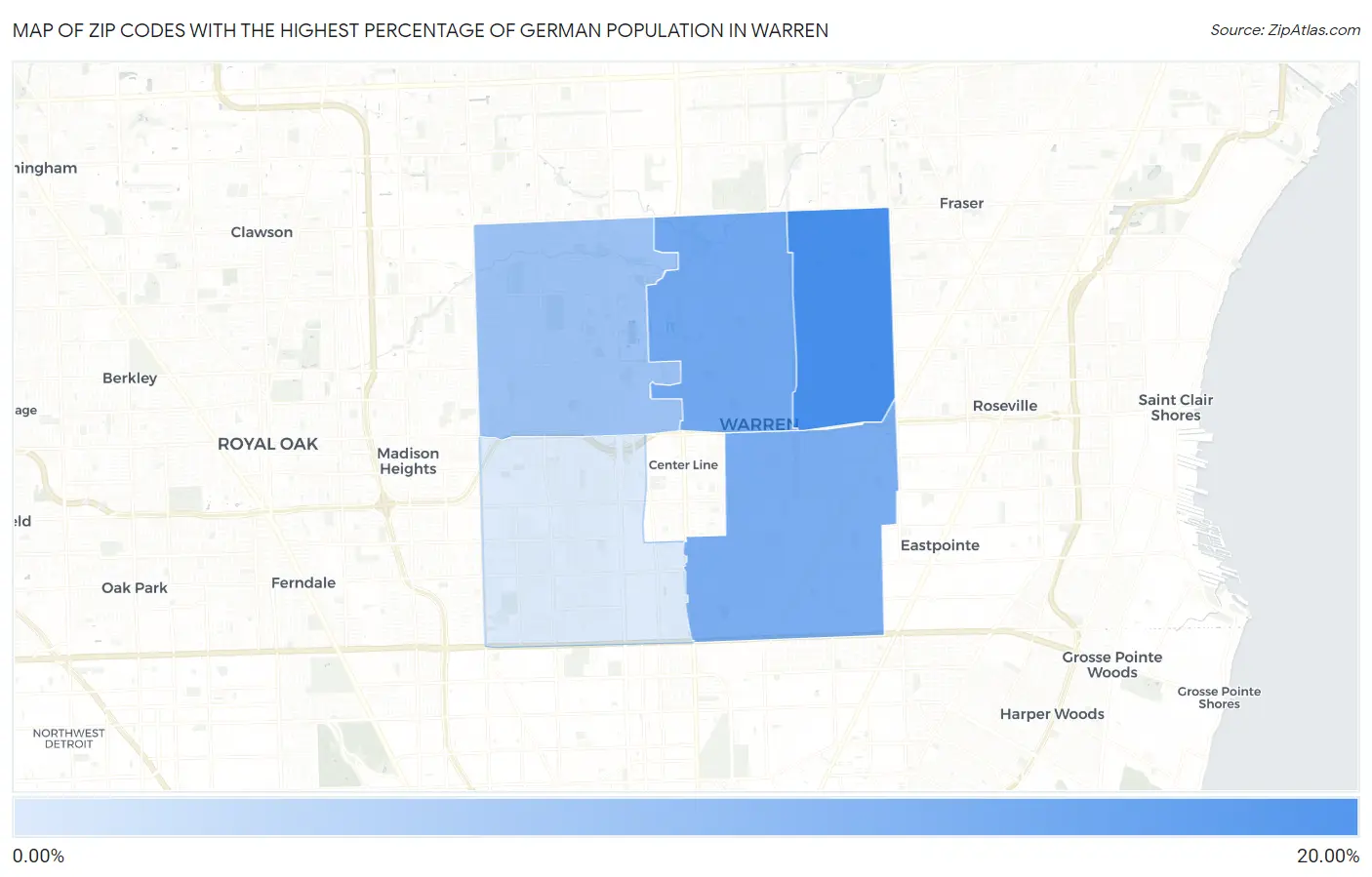 Zip Codes with the Highest Percentage of German Population in Warren Map