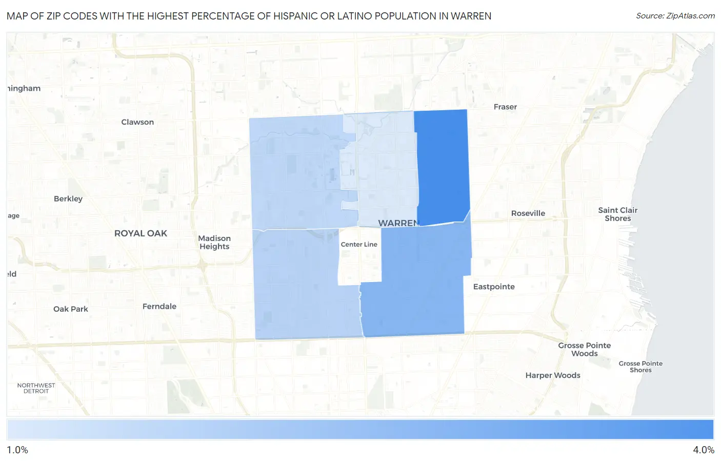 Zip Codes with the Highest Percentage of Hispanic or Latino Population in Warren Map