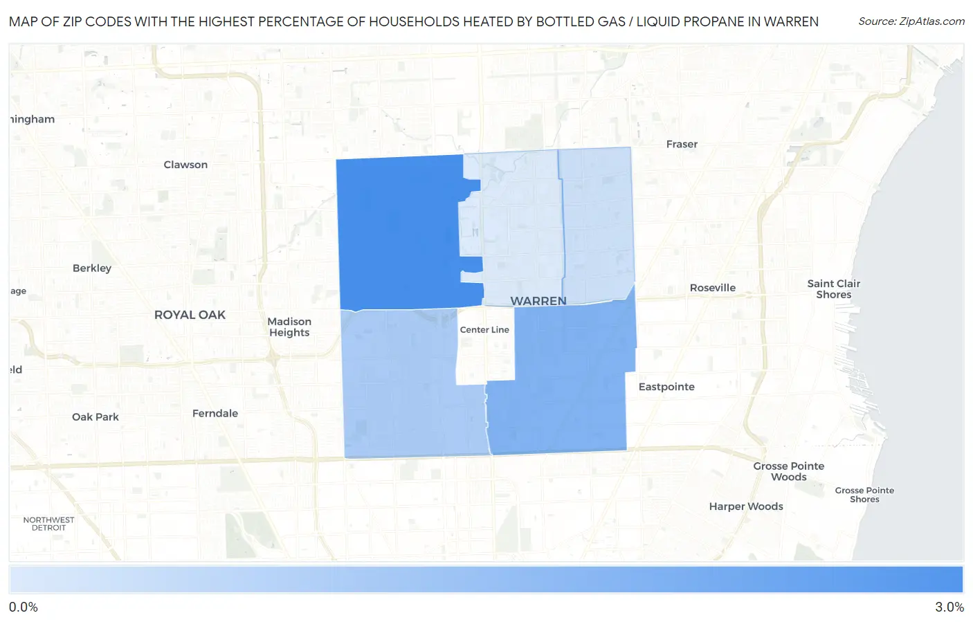 Zip Codes with the Highest Percentage of Households Heated by Bottled Gas / Liquid Propane in Warren Map