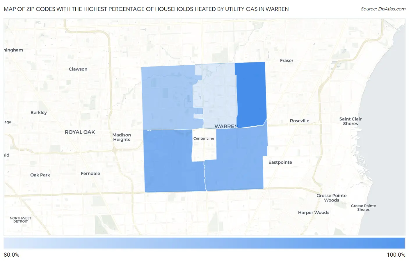 Zip Codes with the Highest Percentage of Households Heated by Utility Gas in Warren Map