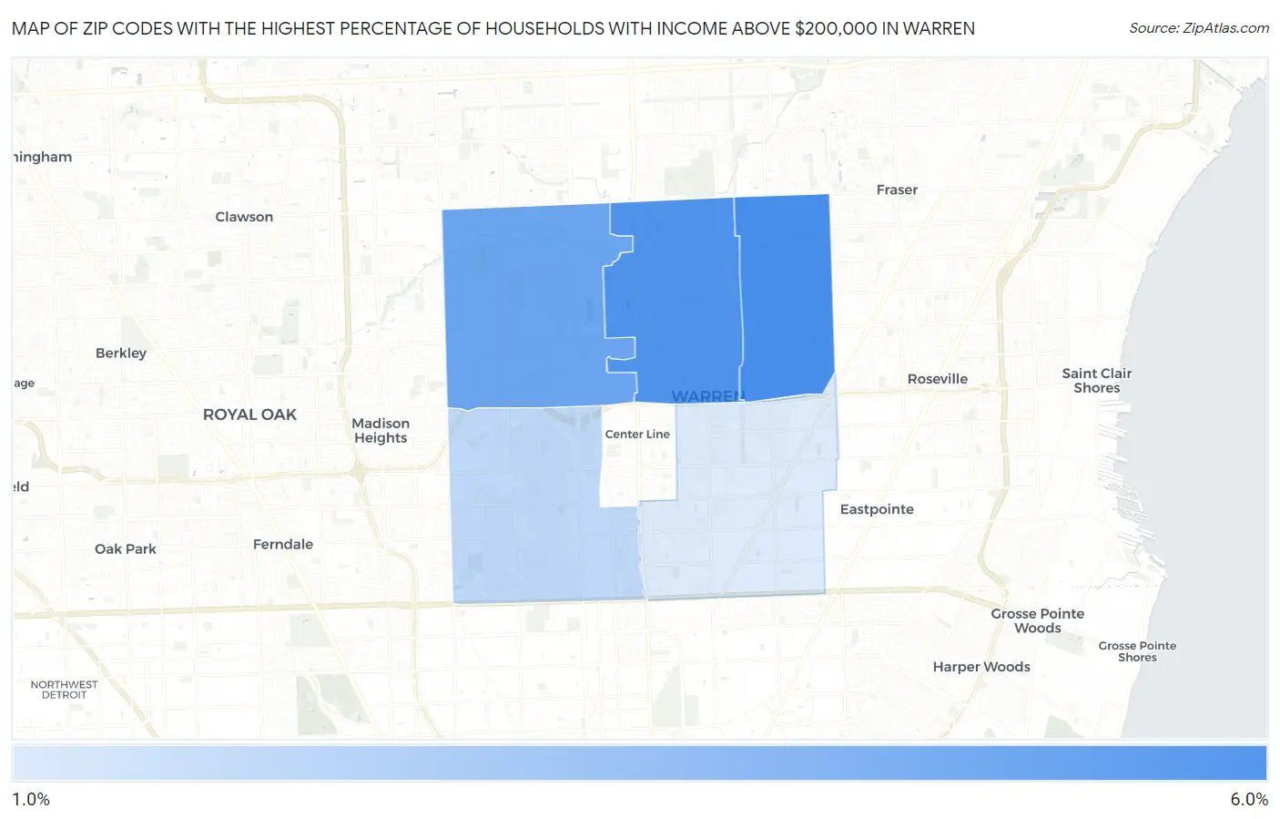 Zip Codes with the Highest Percentage of Households with Income Above $200,000 in Warren Map