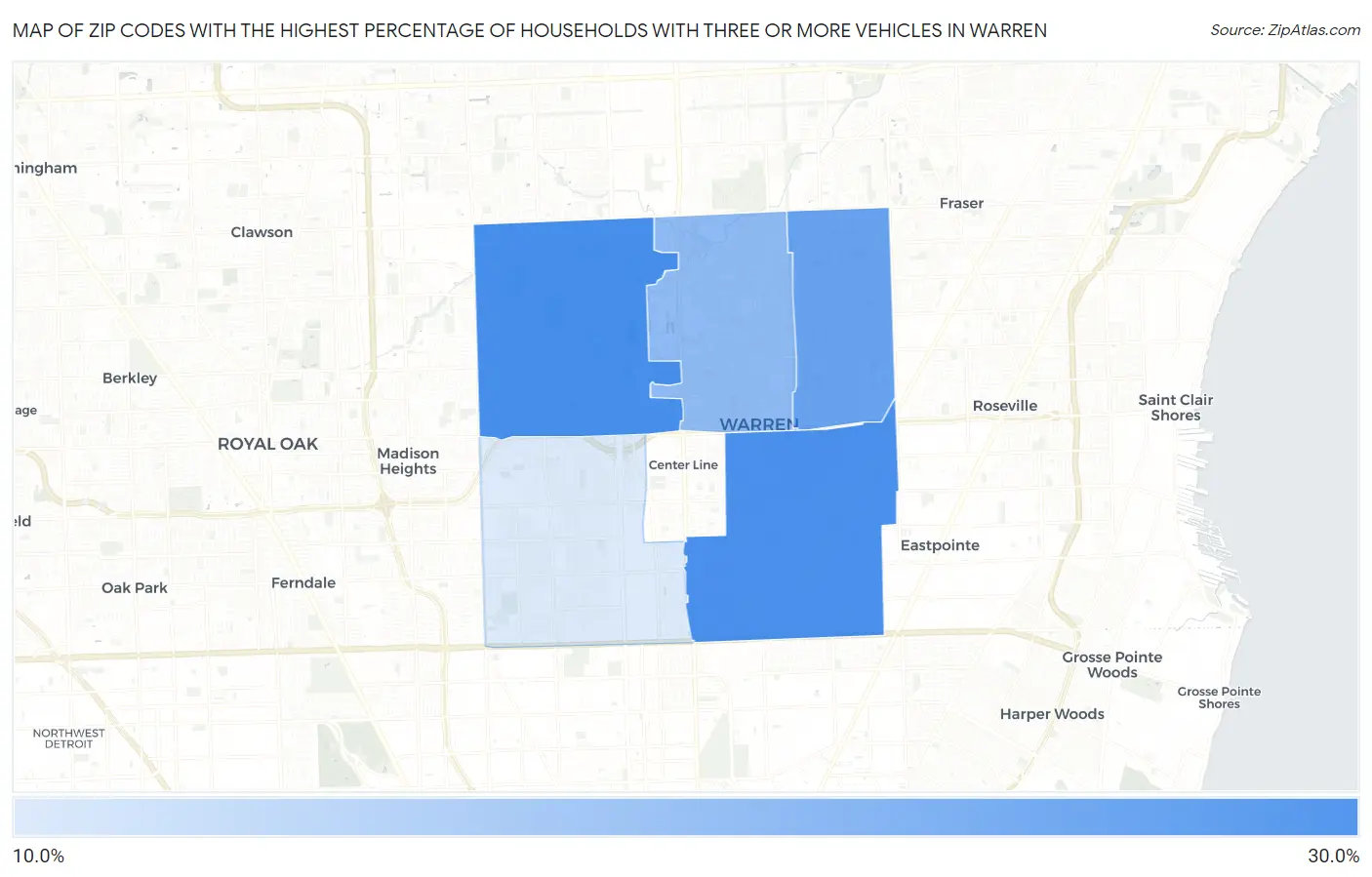 Zip Codes with the Highest Percentage of Households With Three or more Vehicles in Warren Map