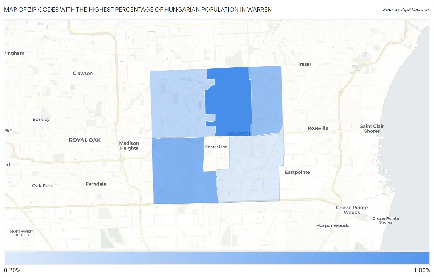 Zip Codes with the Highest Percentage of Hungarian Population in Warren Map