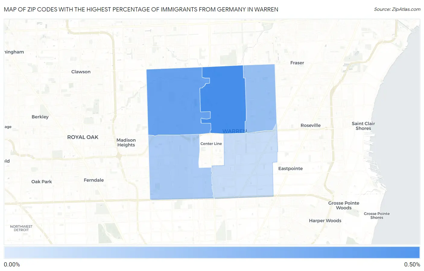Zip Codes with the Highest Percentage of Immigrants from Germany in Warren Map