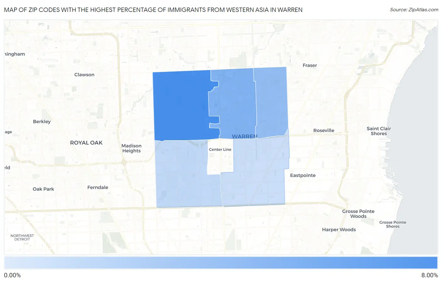 Zip Codes with the Highest Percentage of Immigrants from Western Asia in Warren Map