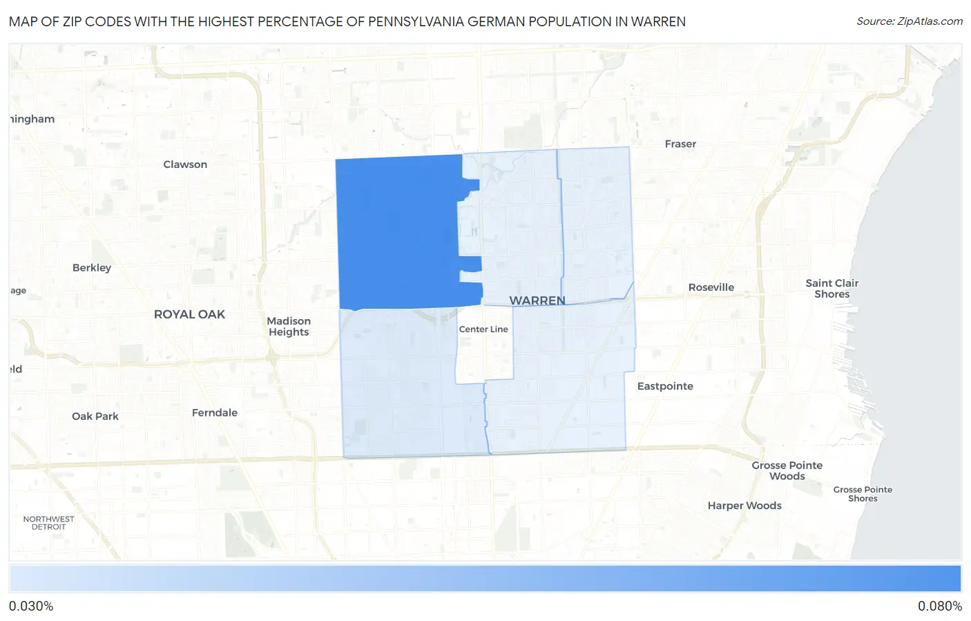 Zip Codes with the Highest Percentage of Pennsylvania German Population in Warren Map