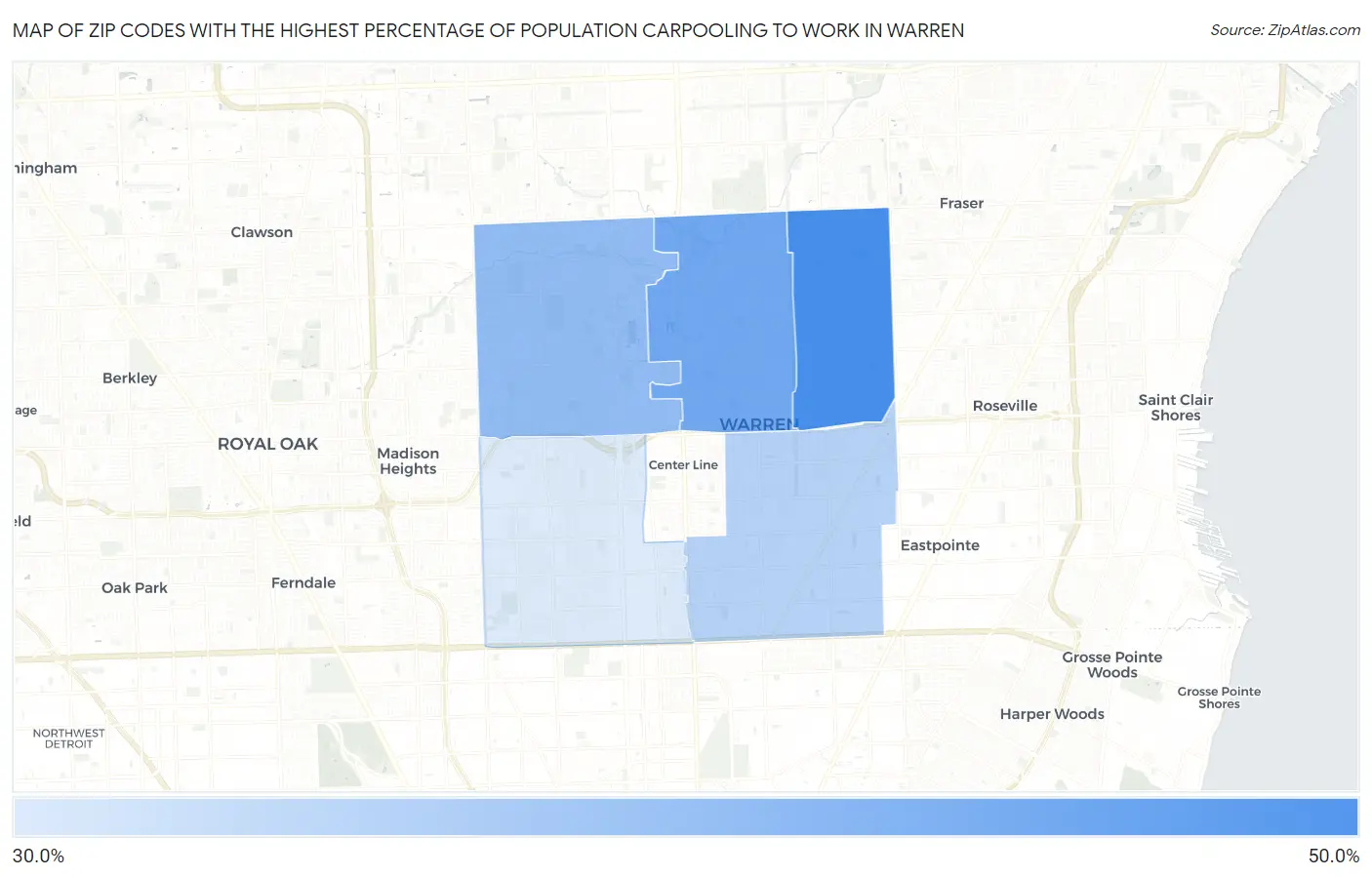 Zip Codes with the Highest Percentage of Population Carpooling to Work in Warren Map