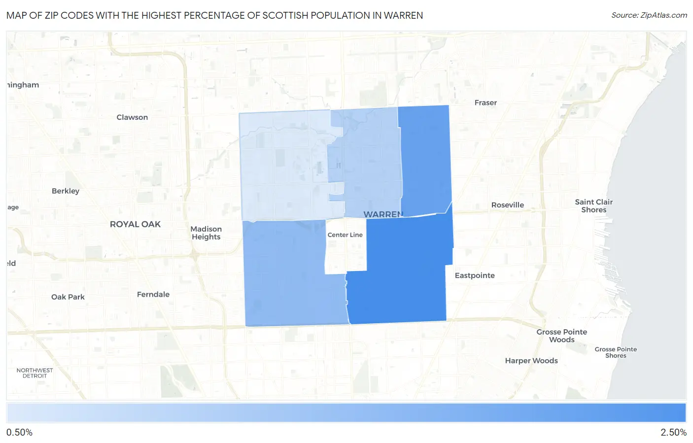 Zip Codes with the Highest Percentage of Scottish Population in Warren Map