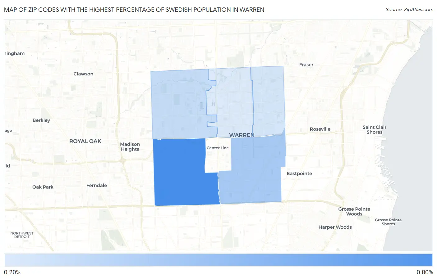 Zip Codes with the Highest Percentage of Swedish Population in Warren Map