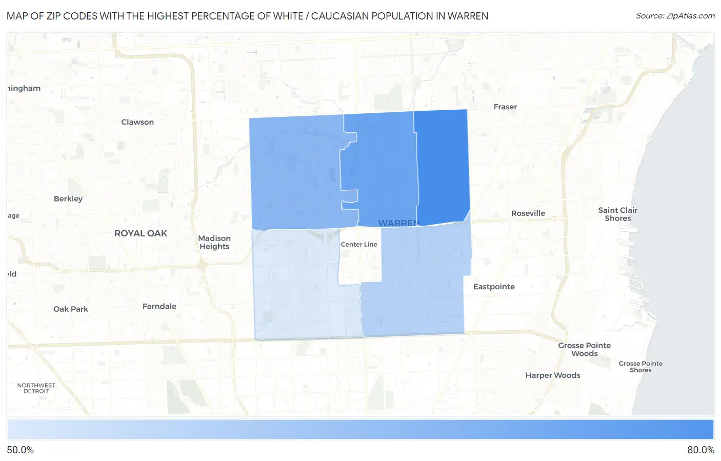 Zip Codes with the Highest Percentage of White / Caucasian Population in Warren Map