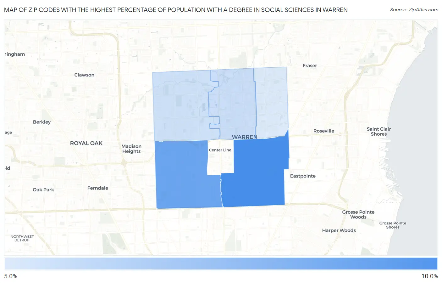 Zip Codes with the Highest Percentage of Population with a Degree in Social Sciences in Warren Map